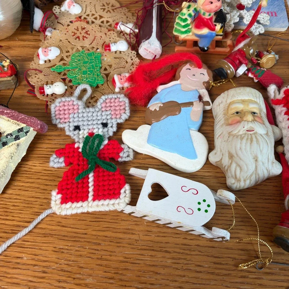 Vintage Christmas Ornament Lot Santa Gingerbread Needlepoint Retro Holiday Decor